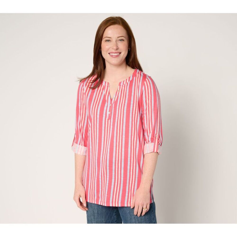 SUNNYLiFE Women's Top Sz L Slub Knit Roll-Tab Sleeve Multi-colored